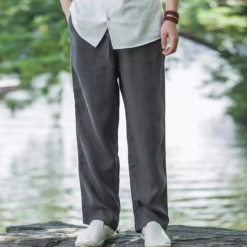 Solid Color Cotton Linen Men's Wide Leg Pants With Pockets