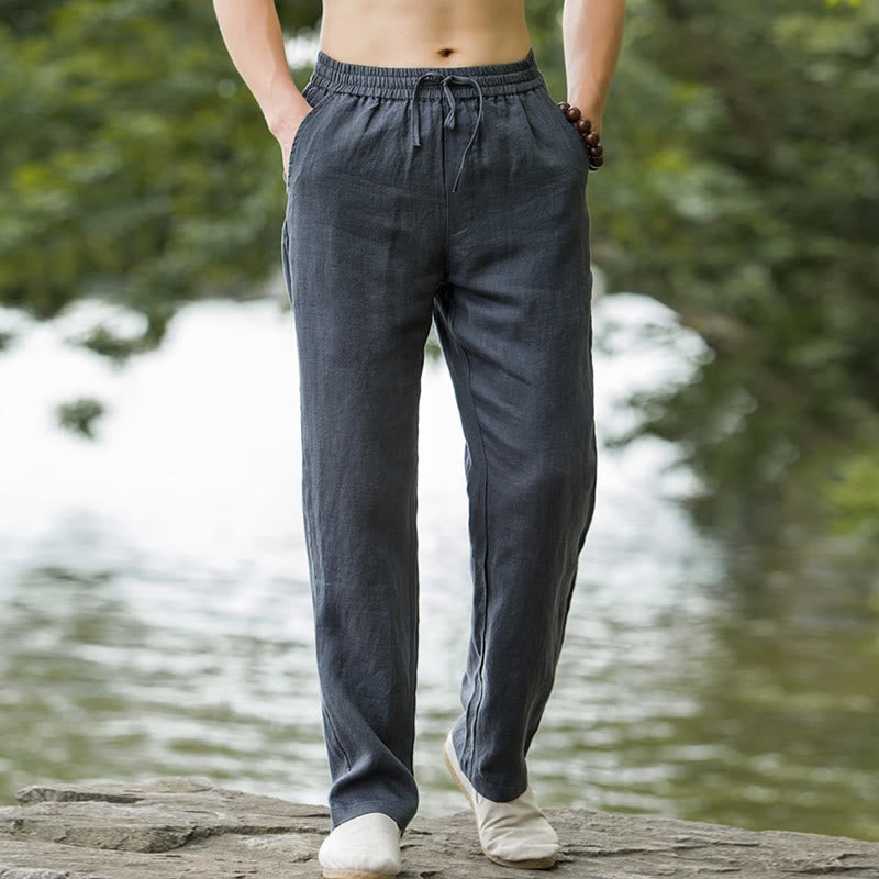 Solid Color Cotton Linen Men's Wide Leg Pants With Pockets