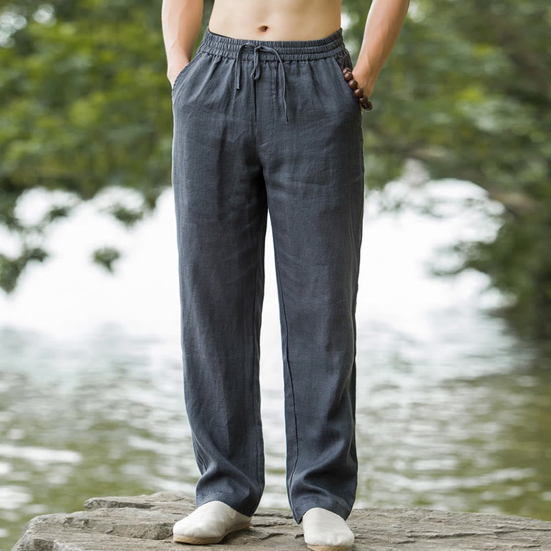 Solid Color Cotton Linen Men's Wide Leg Pants With Pockets