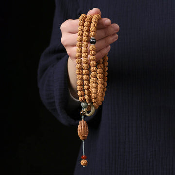 Natural Bodhi Seed & Agate Bracelet with Dzi Bead and Mudra Charm