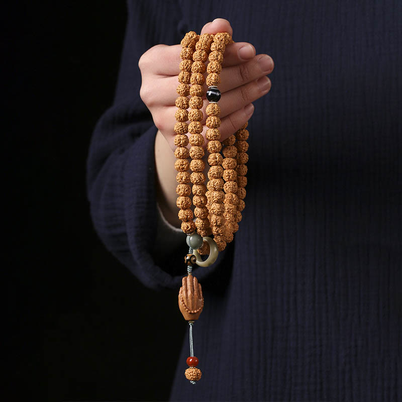 Natural Bodhi Seed & Agate Bracelet with Dzi Bead and Mudra Charm