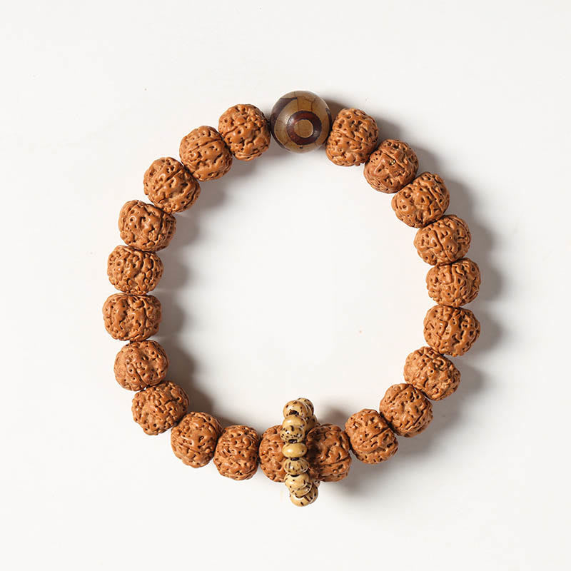 Natural Bodhi Seed & Agate Bracelet with Dzi Bead and Mudra Charm