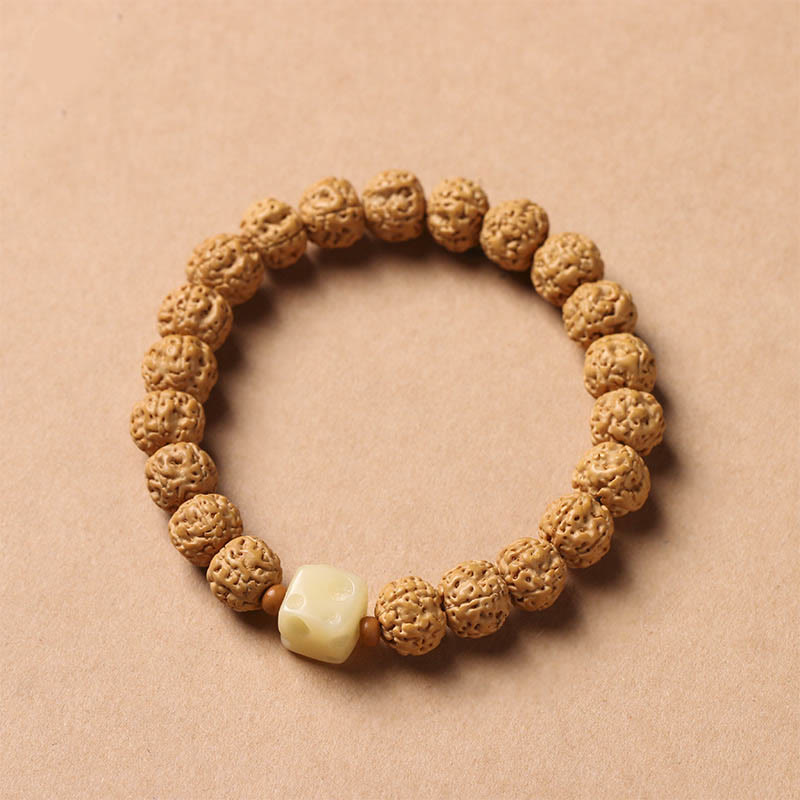 Natural Bodhi Seed & Agate Bracelet with Dzi Bead and Mudra Charm