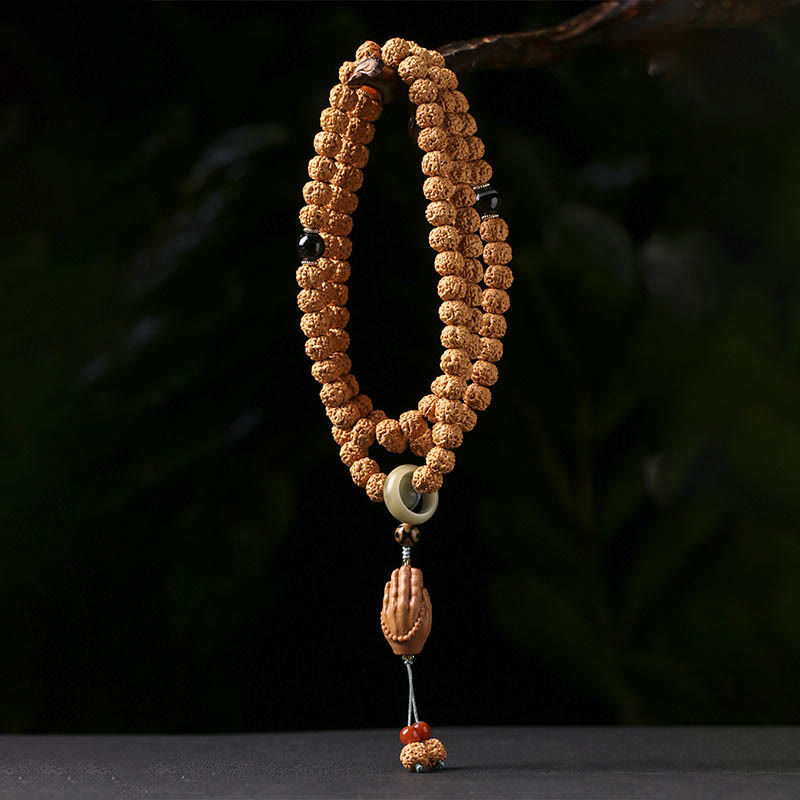 Natural Bodhi Seed & Agate Bracelet with Dzi Bead and Mudra Charm