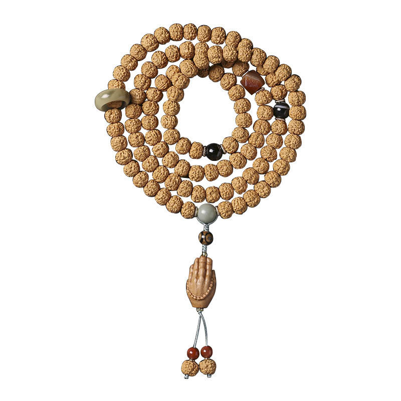 Natural Bodhi Seed & Agate Bracelet with Dzi Bead and Mudra Charm