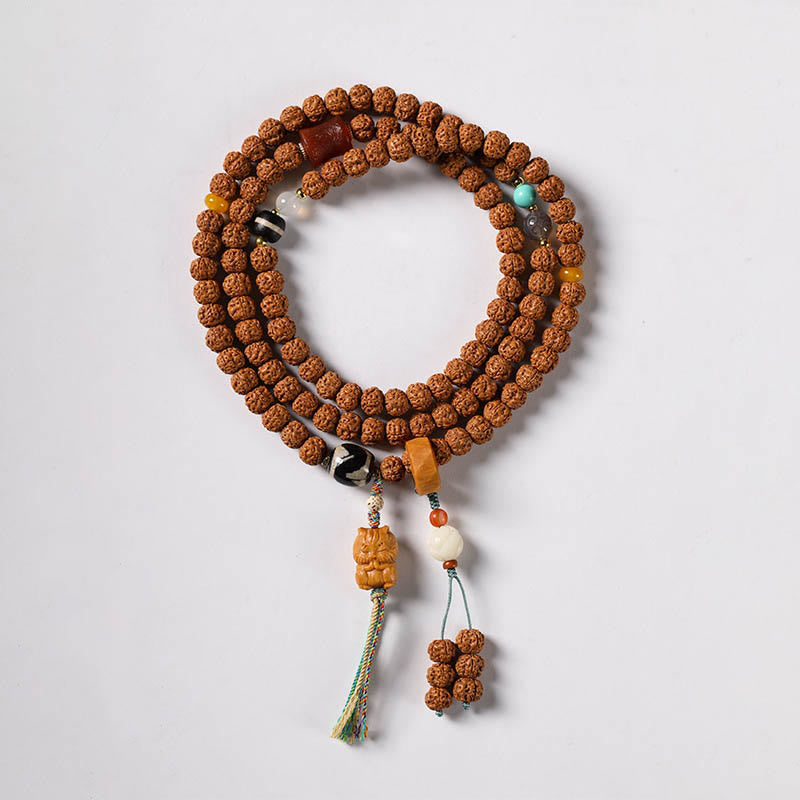 Natural Bodhi Seed & Agate Bracelet with Dzi Bead and Mudra Charm