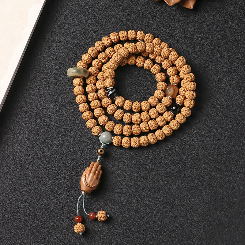 Natural Bodhi Seed & Agate Bracelet with Dzi Bead and Mudra Charm