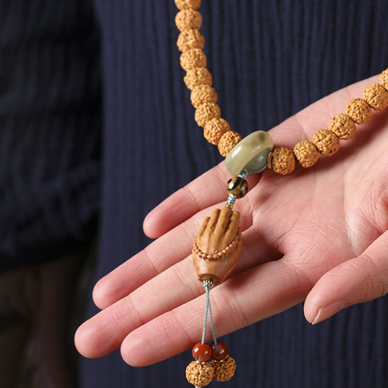 Natural Bodhi Seed & Agate Bracelet with Dzi Bead and Mudra Charm