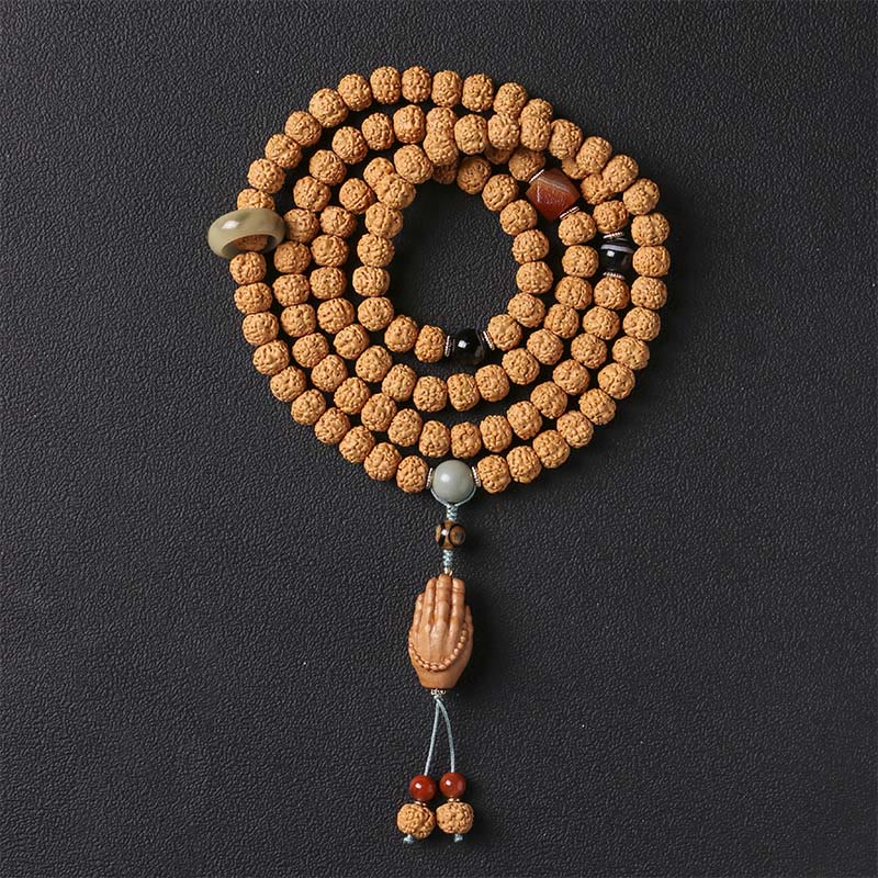 Natural Bodhi Seed & Agate Bracelet with Dzi Bead and Mudra Charm