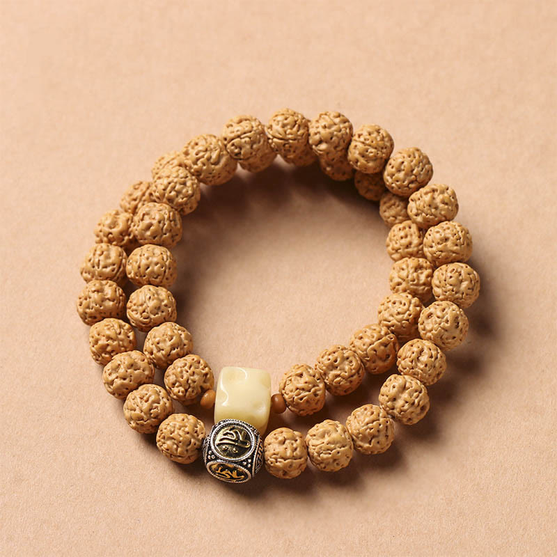 Natural Bodhi Seed & Agate Bracelet with Dzi Bead and Mudra Charm