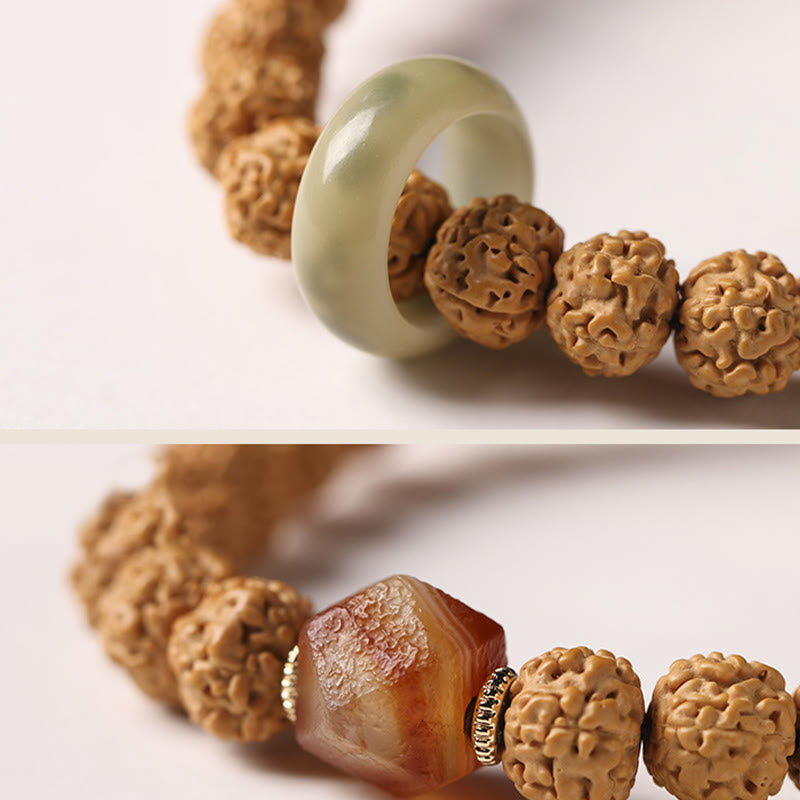 Natural Bodhi Seed & Agate Bracelet with Dzi Bead and Mudra Charm