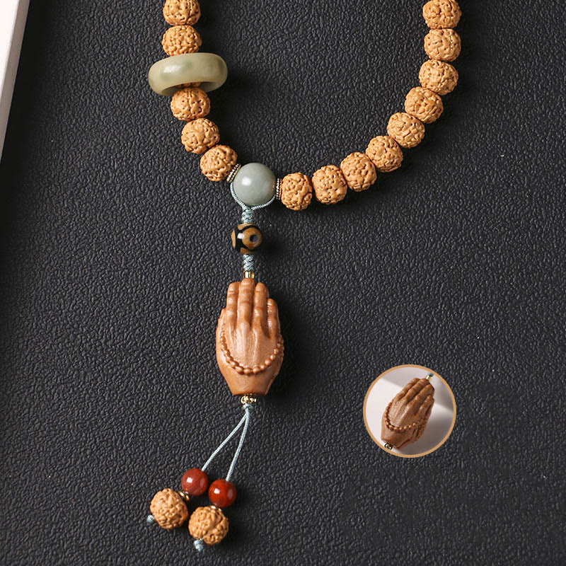 Natural Bodhi Seed & Agate Bracelet with Dzi Bead and Mudra Charm