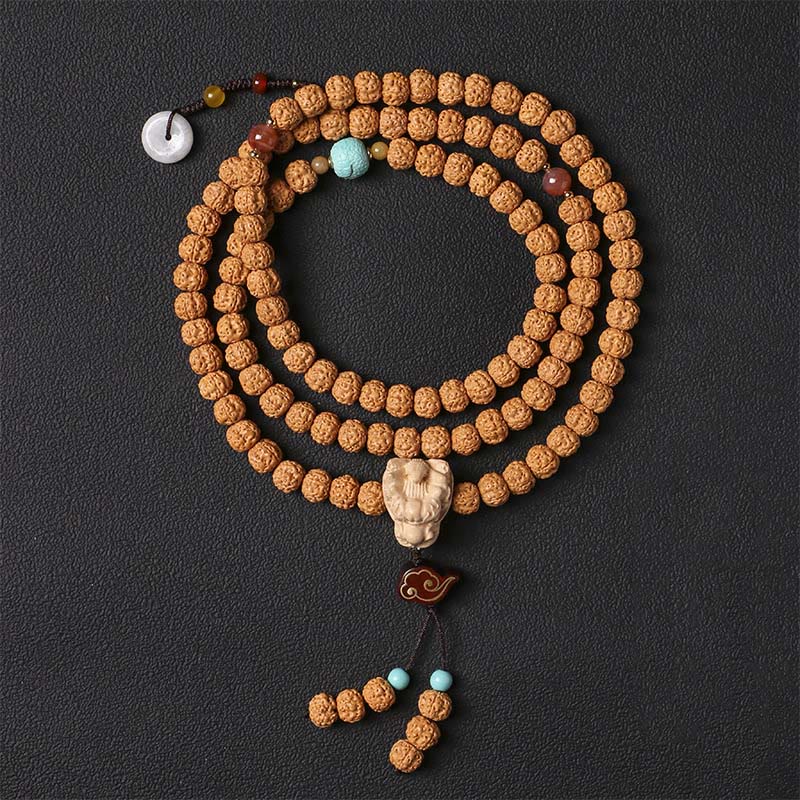 Natural Bodhi Seed & Agate Bracelet with Dzi Bead and Mudra Charm