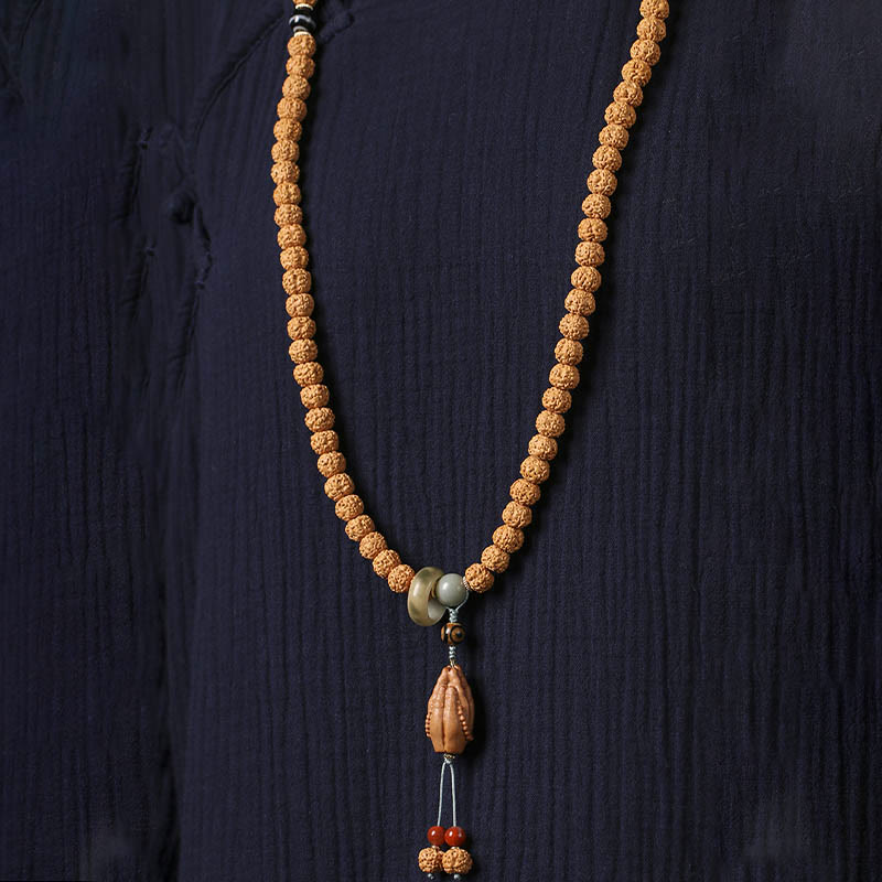 Natural Bodhi Seed & Agate Bracelet with Dzi Bead and Mudra Charm