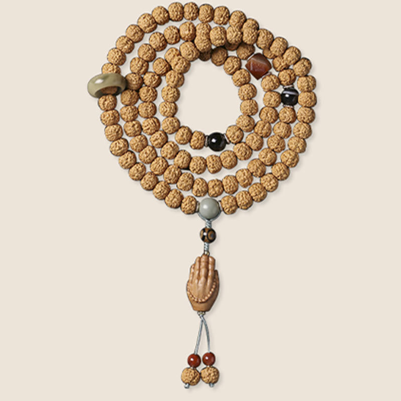 Natural Bodhi Seed & Agate Bracelet with Dzi Bead and Mudra Charm