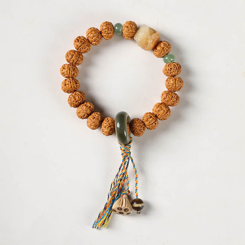Natural Bodhi Seed & Agate Bracelet with Dzi Bead and Mudra Charm