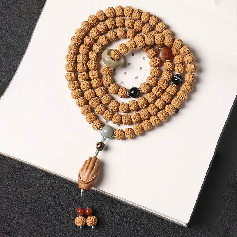 Natural Bodhi Seed & Agate Bracelet with Dzi Bead and Mudra Charm
