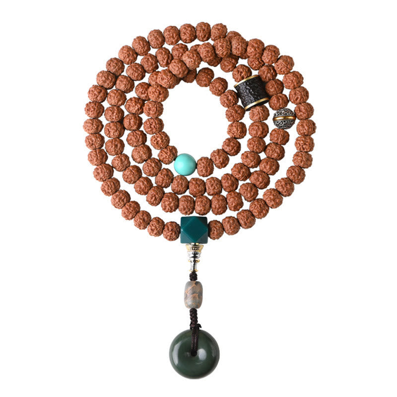 Natural Bodhi Seed & Agate Bracelet with Dzi Bead and Mudra Charm