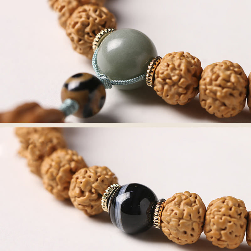 Natural Bodhi Seed & Agate Bracelet with Dzi Bead and Mudra Charm