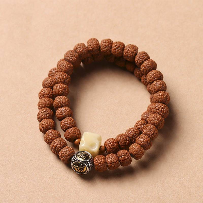 Natural Bodhi Seed & Agate Bracelet with Dzi Bead and Mudra Charm