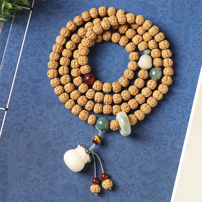 Natural Bodhi Seed & Agate Bracelet with Dzi Bead and Mudra Charm