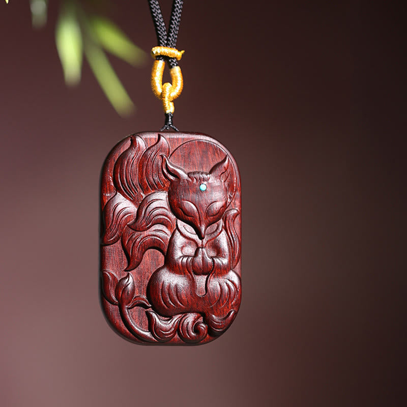 Small Leaf Red Sandalwood Nine Tailed Fox Pattern Longevity Necklace Pendant (Extra 35% Off | USE CODE: FS35)