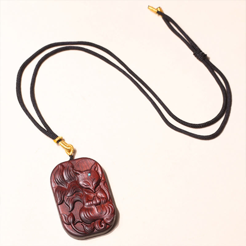 Small Leaf Red Sandalwood Nine Tailed Fox Pattern Longevity Necklace Pendant (Extra 35% Off | USE CODE: FS35)