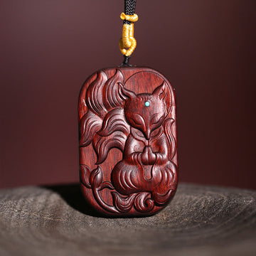 Small Leaf Red Sandalwood Nine Tailed Fox Pattern Longevity Necklace Pendant (Extra 35% Off | USE CODE: FS35)