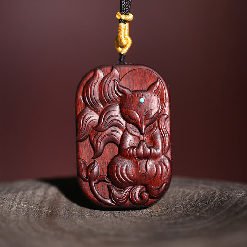 Small Leaf Red Sandalwood Nine Tailed Fox Pattern Longevity Necklace Pendant (Extra 35% Off | USE CODE: FS35)