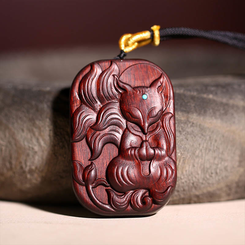 Small Leaf Red Sandalwood Nine Tailed Fox Pattern Longevity Necklace Pendant (Extra 35% Off | USE CODE: FS35)