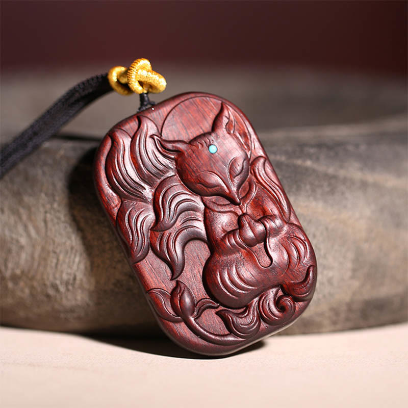 Small Leaf Red Sandalwood Nine Tailed Fox Pattern Longevity Necklace Pendant (Extra 35% Off | USE CODE: FS35)