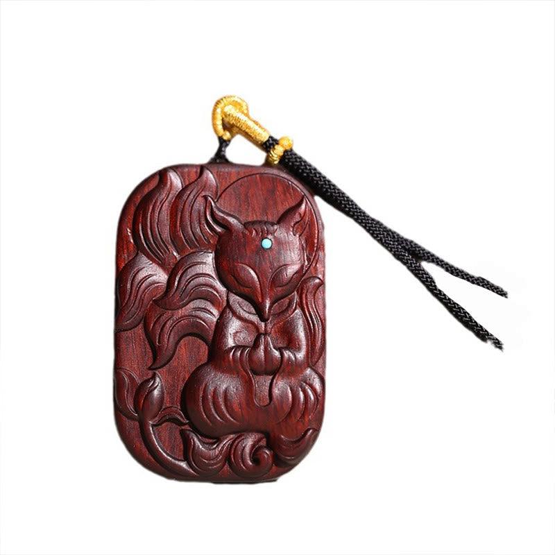 Small Leaf Red Sandalwood Nine Tailed Fox Pattern Longevity Necklace Pendant (Extra 35% Off | USE CODE: FS35)