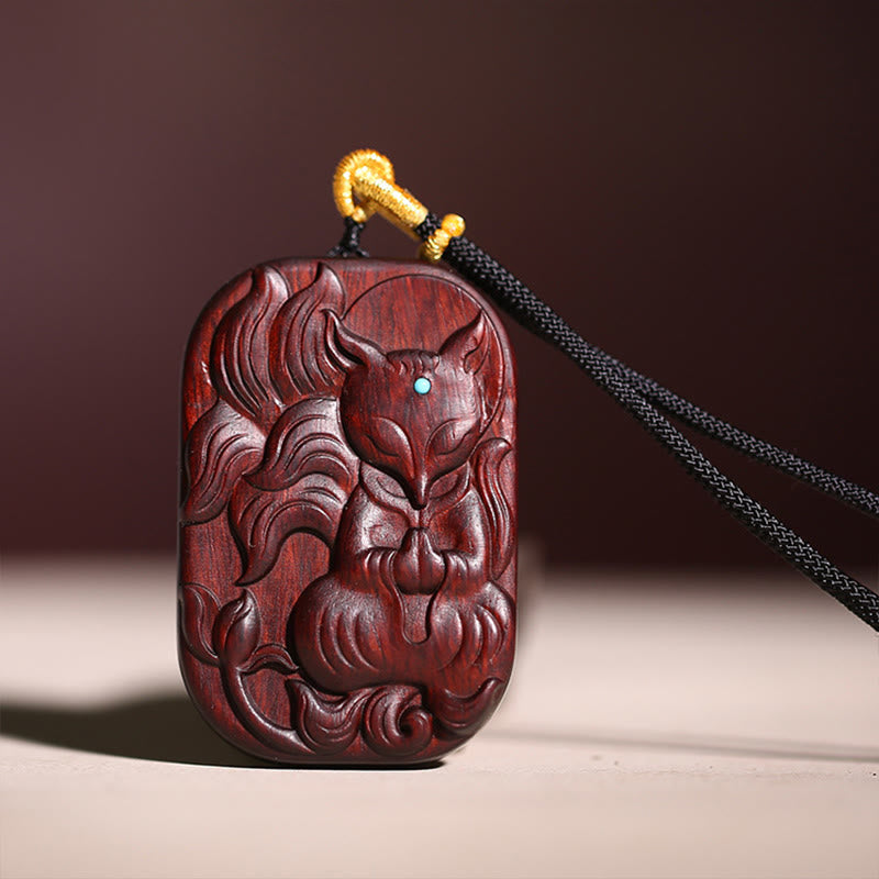 Small Leaf Red Sandalwood Nine Tailed Fox Pattern Longevity Necklace Pendant (Extra 35% Off | USE CODE: FS35)