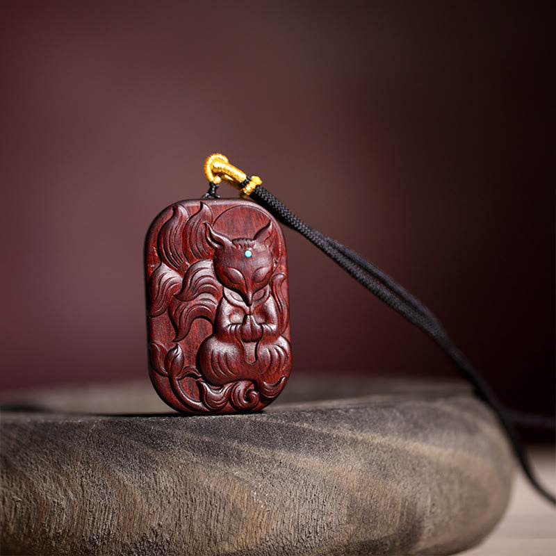 Small Leaf Red Sandalwood Nine Tailed Fox Pattern Longevity Necklace Pendant (Extra 35% Off | USE CODE: FS35)