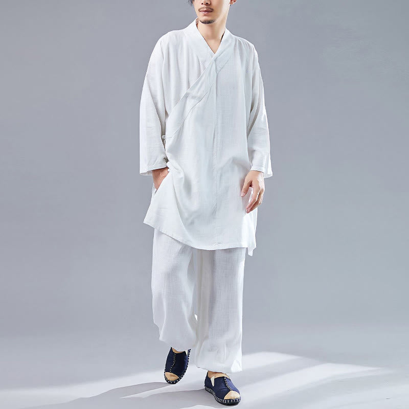 2Pcs V-Neck Men's Long Sleeve Shirt Top Pants Meditation Zen Tai Chi Cotton Linen Clothing Set