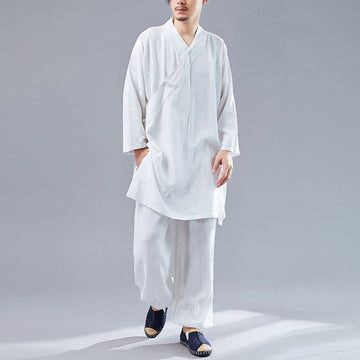 2Pcs V-Neck Men's Long Sleeve Shirt Top Pants Meditation Zen Tai Chi Cotton Linen Clothing Set