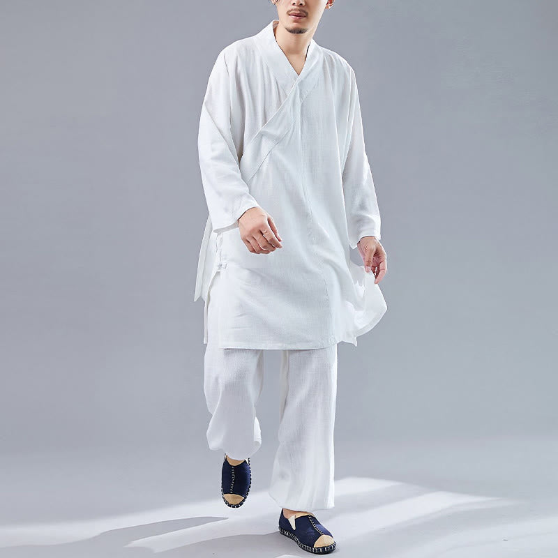 2Pcs V-Neck Men's Long Sleeve Shirt Top Pants Meditation Zen Tai Chi Cotton Linen Clothing Set