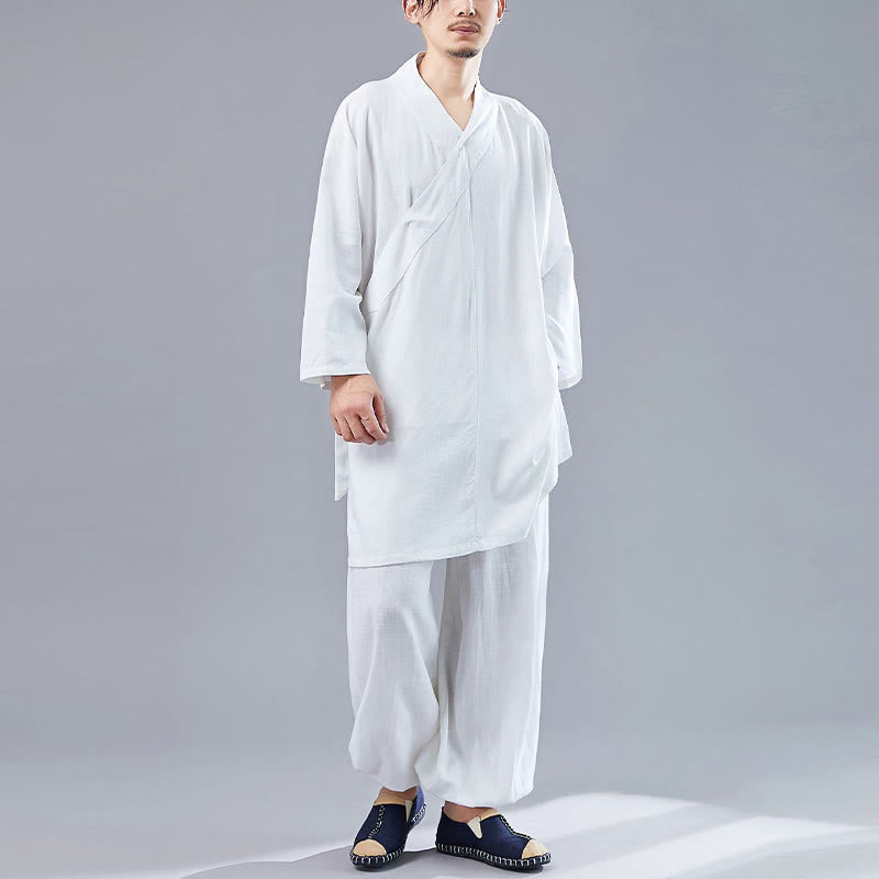 2Pcs V-Neck Men's Long Sleeve Shirt Top Pants Meditation Zen Tai Chi Cotton Linen Clothing Set