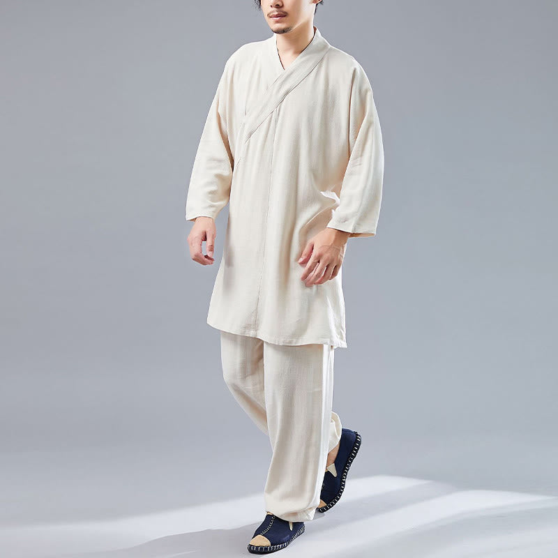 2Pcs V-Neck Men's Long Sleeve Shirt Top Pants Meditation Zen Tai Chi Cotton Linen Clothing Set