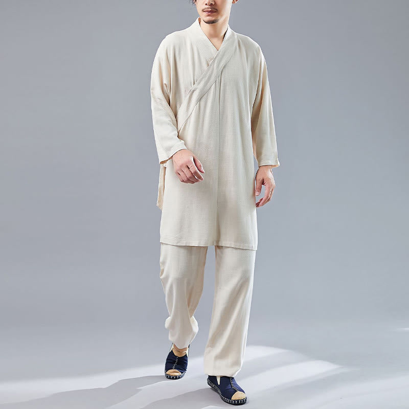 2Pcs V-Neck Men's Long Sleeve Shirt Top Pants Meditation Zen Tai Chi Cotton Linen Clothing Set