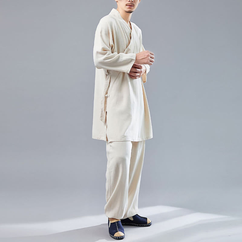 2Pcs V-Neck Men's Long Sleeve Shirt Top Pants Meditation Zen Tai Chi Cotton Linen Clothing Set
