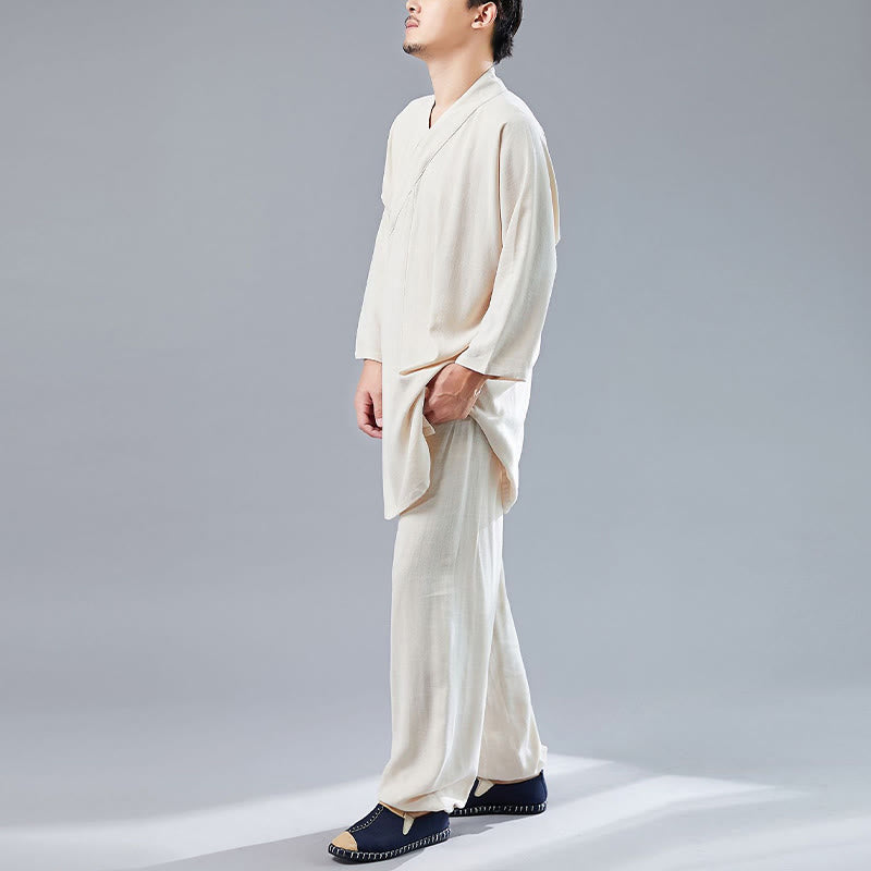 2Pcs V-Neck Men's Long Sleeve Shirt Top Pants Meditation Zen Tai Chi Cotton Linen Clothing Set