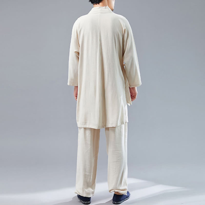 2Pcs V-Neck Men's Long Sleeve Shirt Top Pants Meditation Zen Tai Chi Cotton Linen Clothing Set