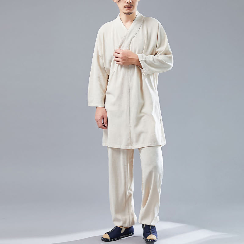 2Pcs V-Neck Men's Long Sleeve Shirt Top Pants Meditation Zen Tai Chi Cotton Linen Clothing Set