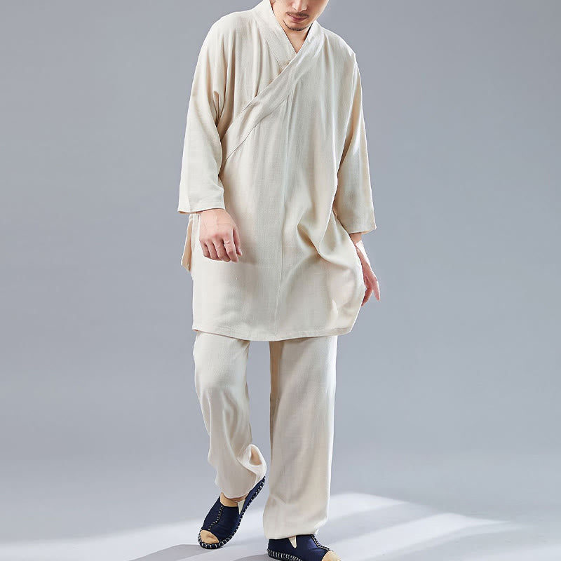 2Pcs V-Neck Men's Long Sleeve Shirt Top Pants Meditation Zen Tai Chi Cotton Linen Clothing Set
