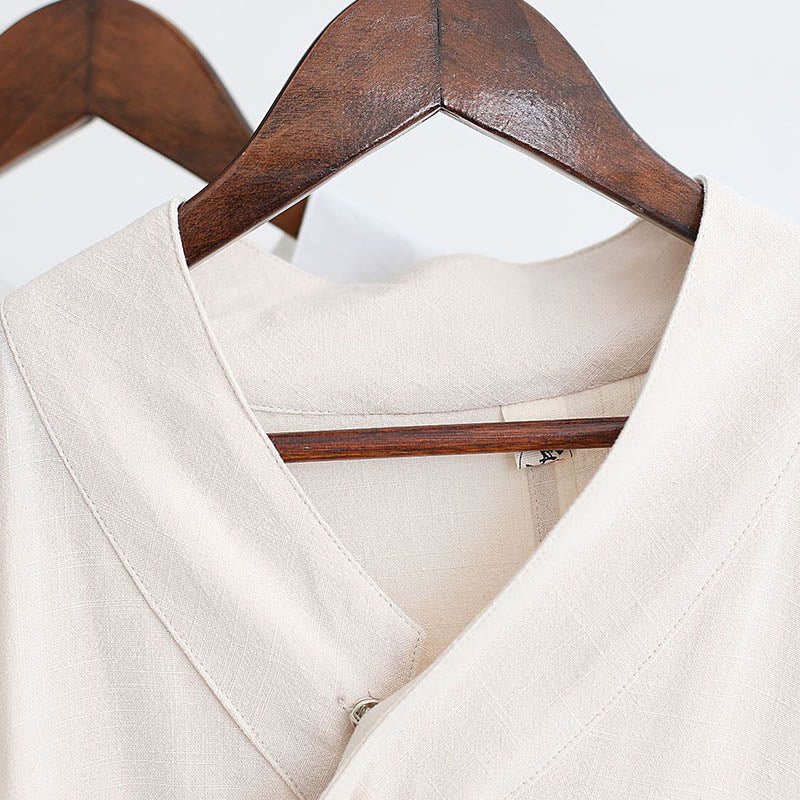 2Pcs V-Neck Men's Long Sleeve Shirt Top Pants Meditation Zen Tai Chi Cotton Linen Clothing Set