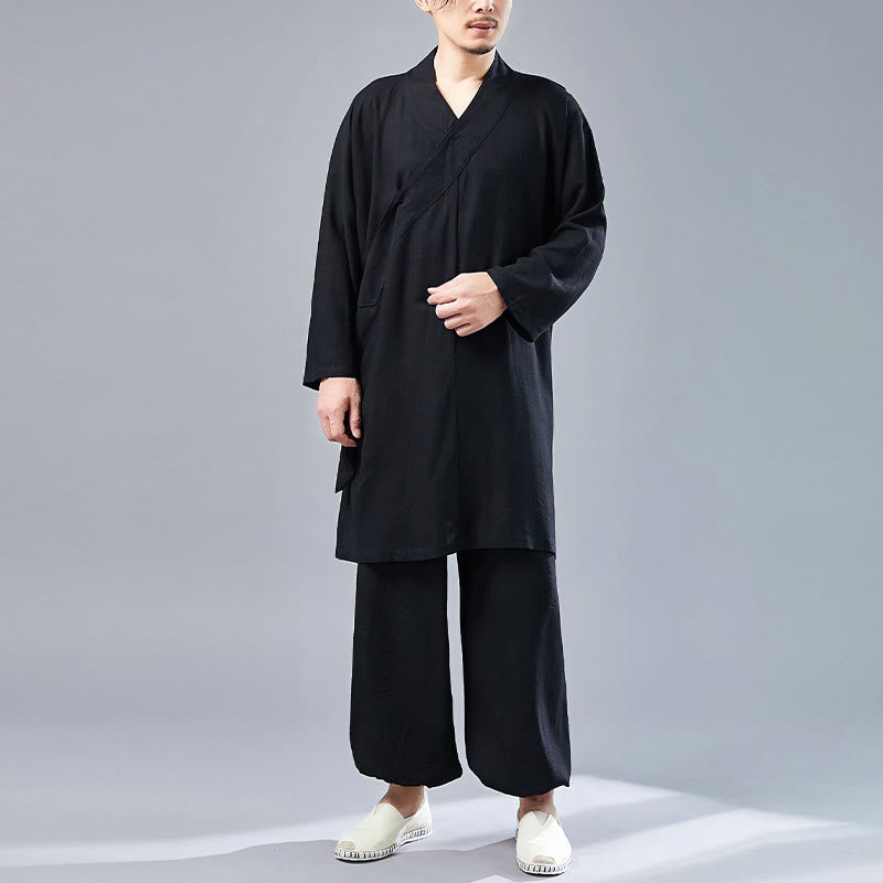 2Pcs V-Neck Men's Long Sleeve Shirt Top Pants Meditation Zen Tai Chi Cotton Linen Clothing Set