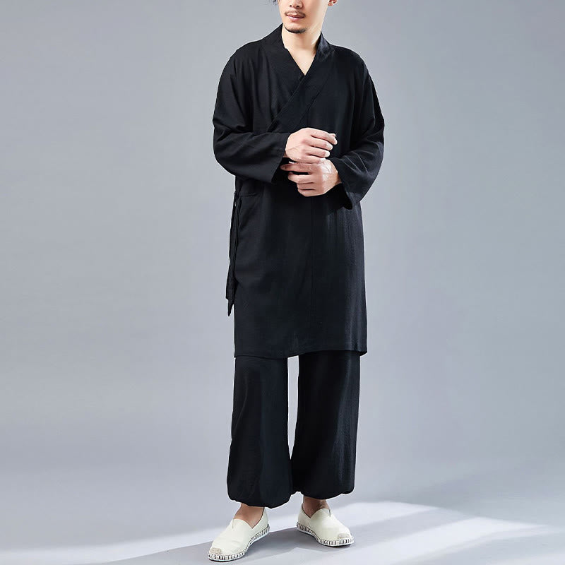 2Pcs V-Neck Men's Long Sleeve Shirt Top Pants Meditation Zen Tai Chi Cotton Linen Clothing Set