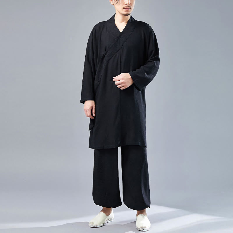 2Pcs V-Neck Men's Long Sleeve Shirt Top Pants Meditation Zen Tai Chi Cotton Linen Clothing Set