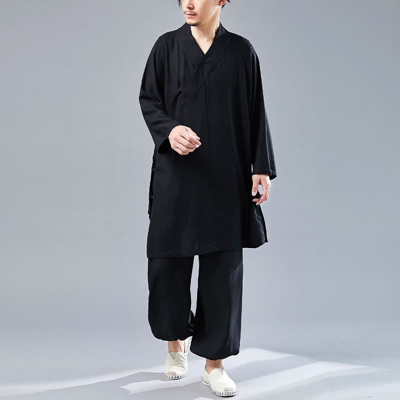 2Pcs V-Neck Men's Long Sleeve Shirt Top Pants Meditation Zen Tai Chi Cotton Linen Clothing Set